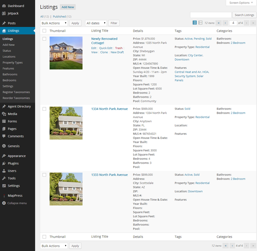 Real Estate Listing Admin Screen