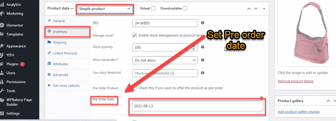 Set Pre order date via product inventory setting