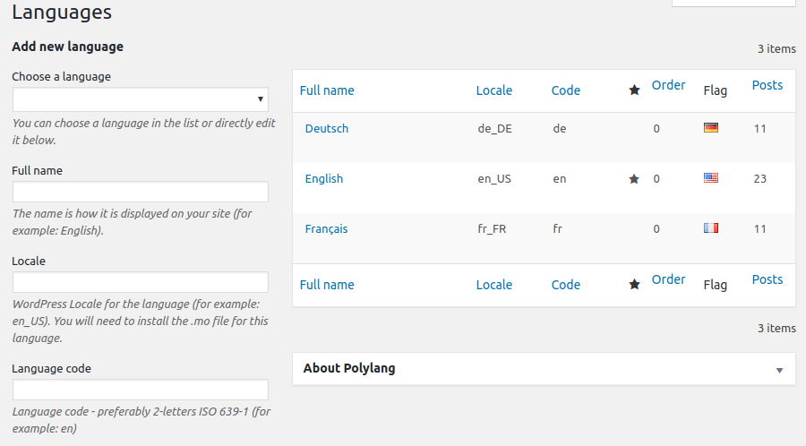 The Polylang Language Admin Panel