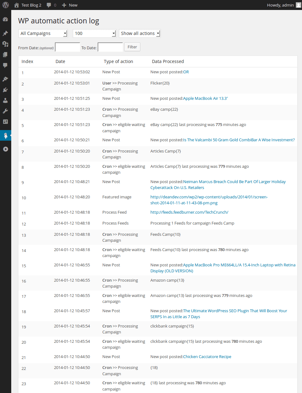 WP Automatic action log Screenshot