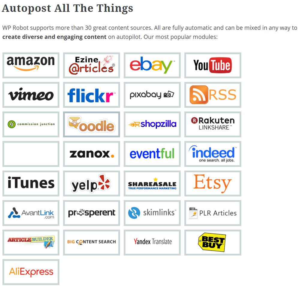 WP Robot supports more than 30 great content sources Demo