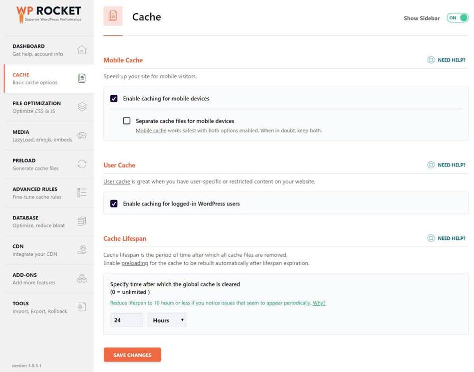 WP Rocket cache Setting