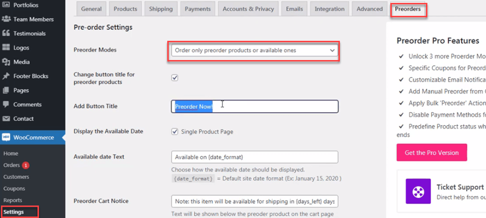 preorders for woocommerce setting