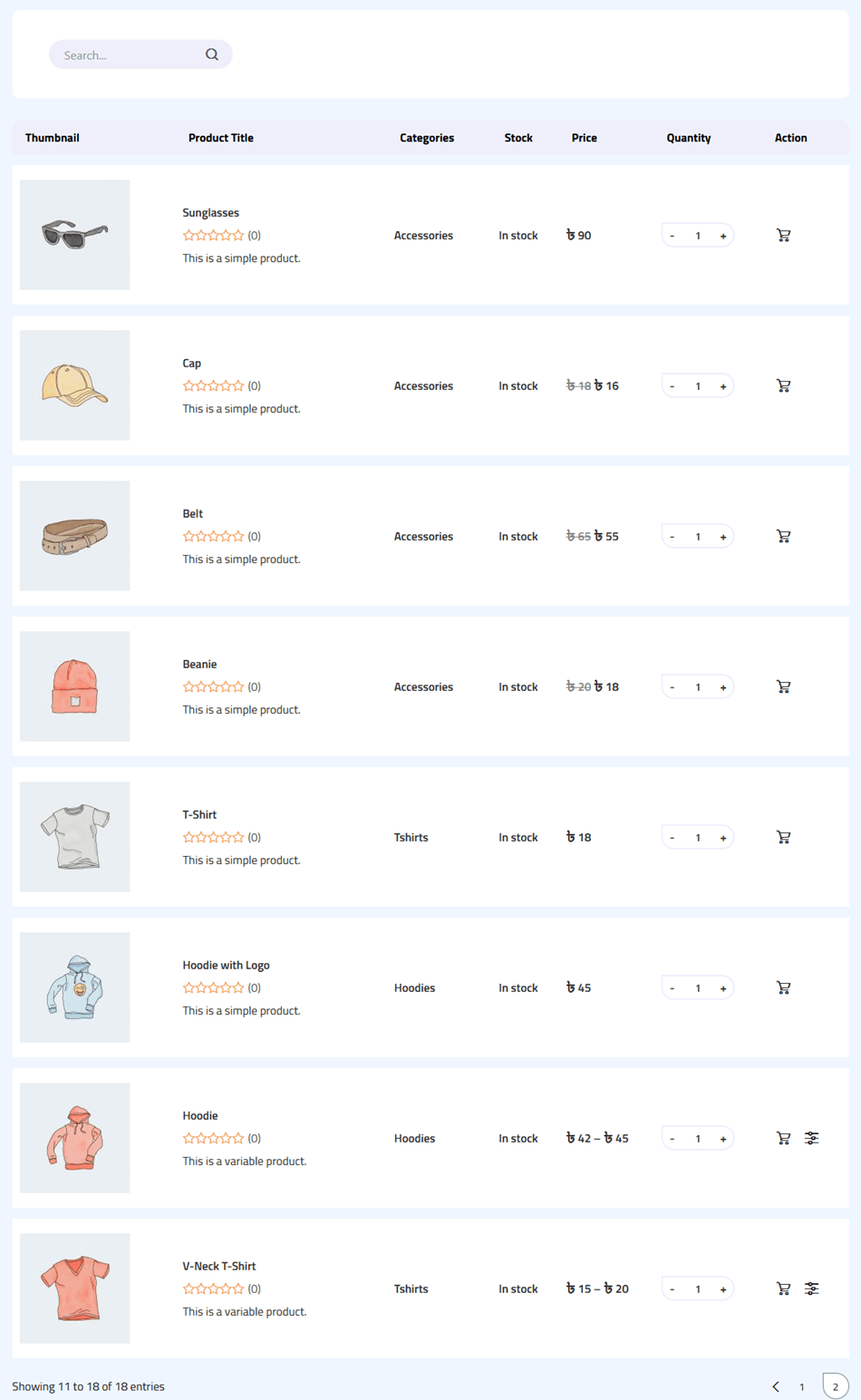 product table for woocommerce Demo