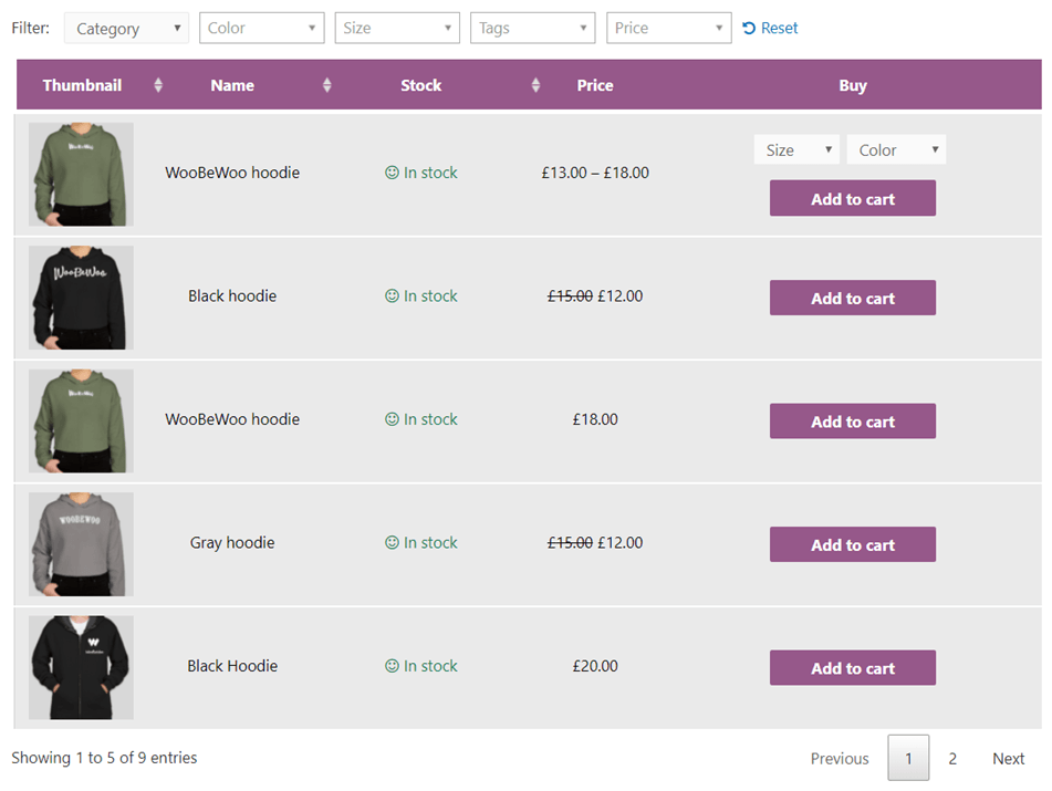 product table for woocommerce Demo