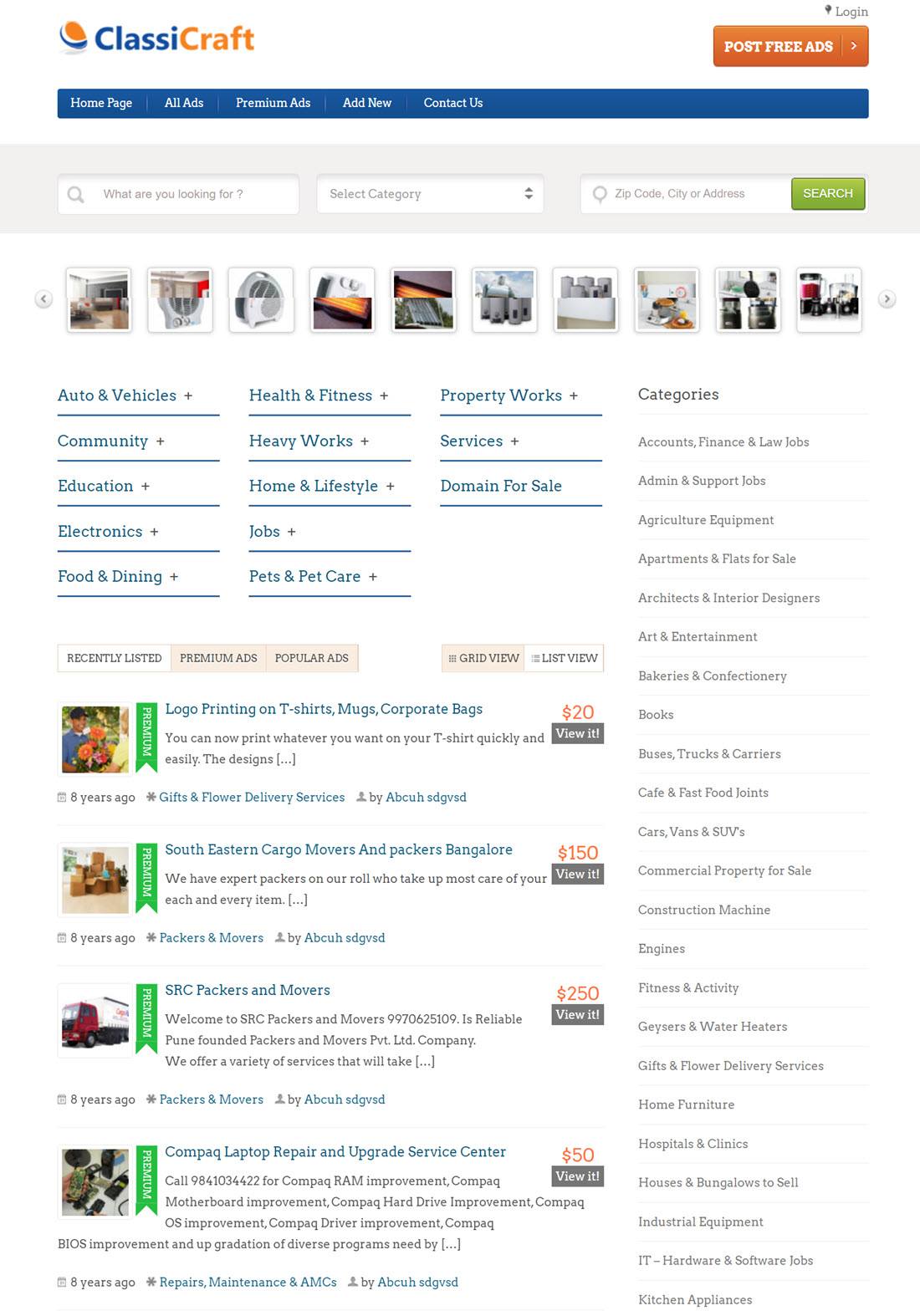 CLASSICRAFT WORDPRESS CLASSIFIED AD LISTING THEME Example