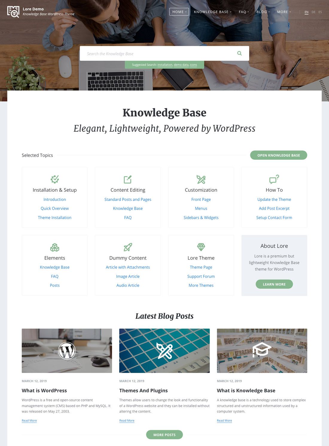 Lore Knowledge Base Theme For WordPress Screenshoot