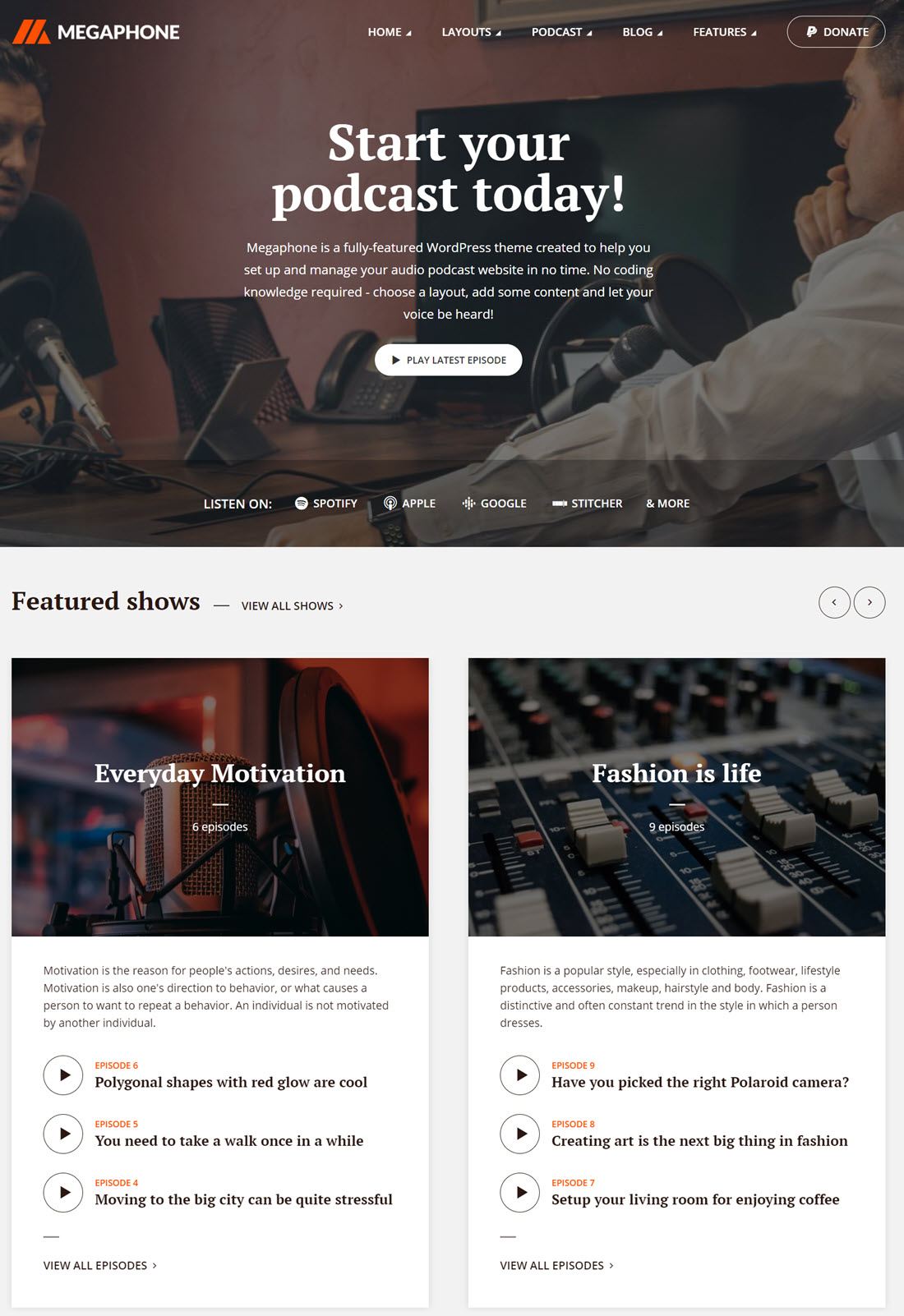 Megaphone Podcast WordPress Theme for Audio and Video ScreenShot