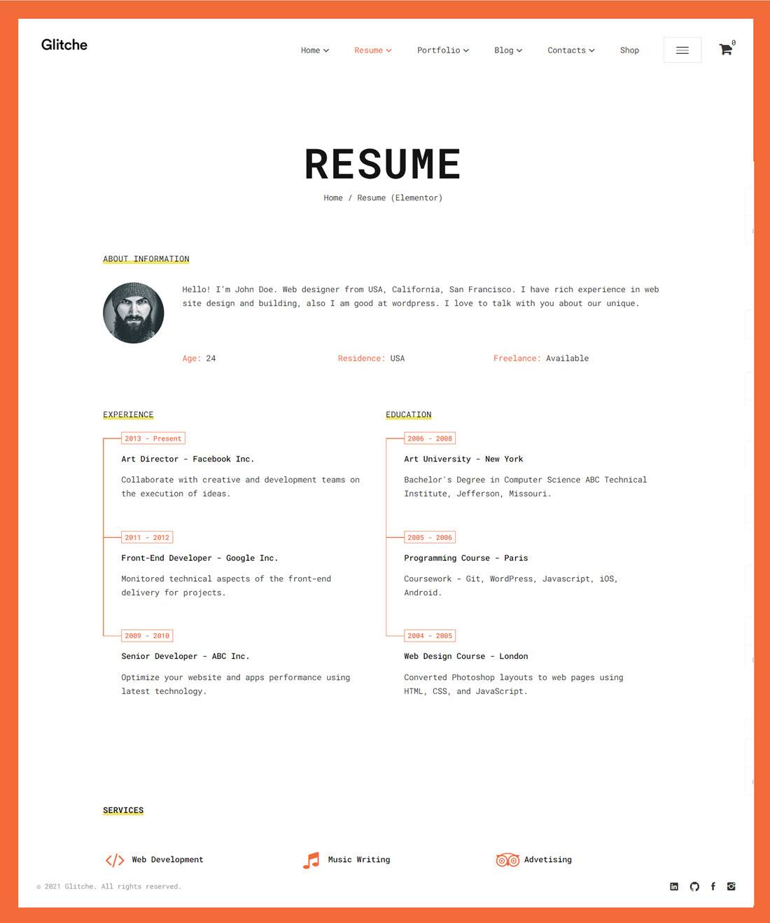 Glitche Resume WordPress Themes Example