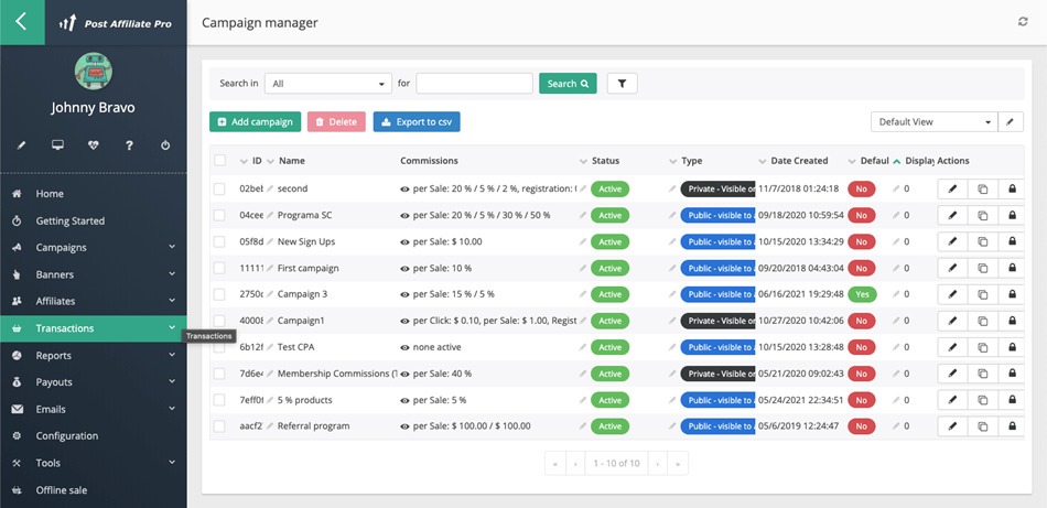 Post Affiliate Pro Campaign manager Screenshot
