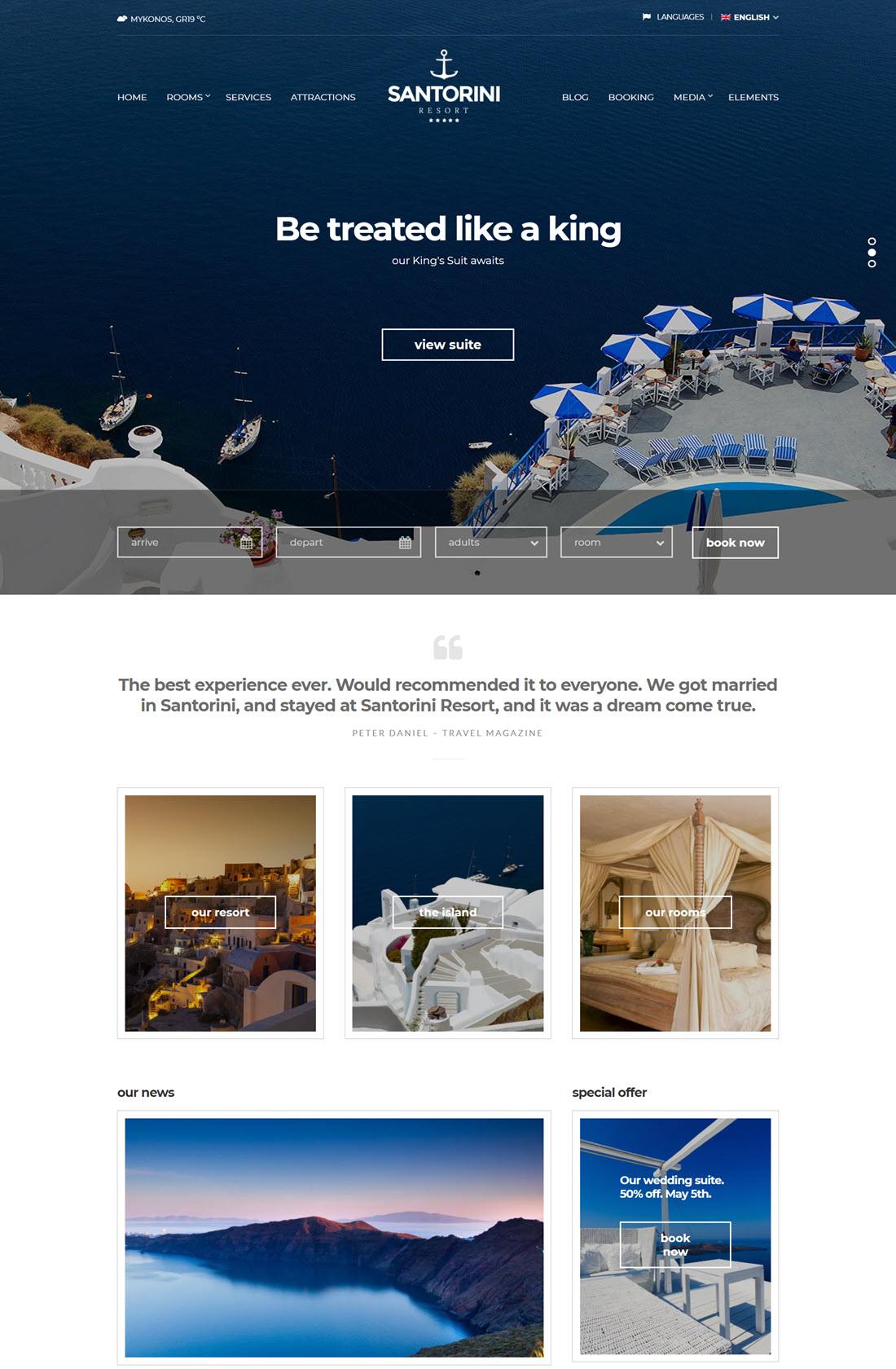 Santorini Resort Hotel WordPress Themes Screenshot