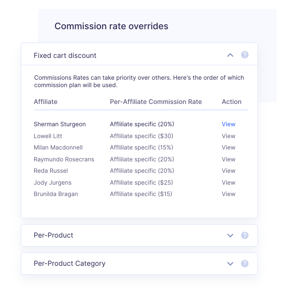 Set commission rates per product and affiliate