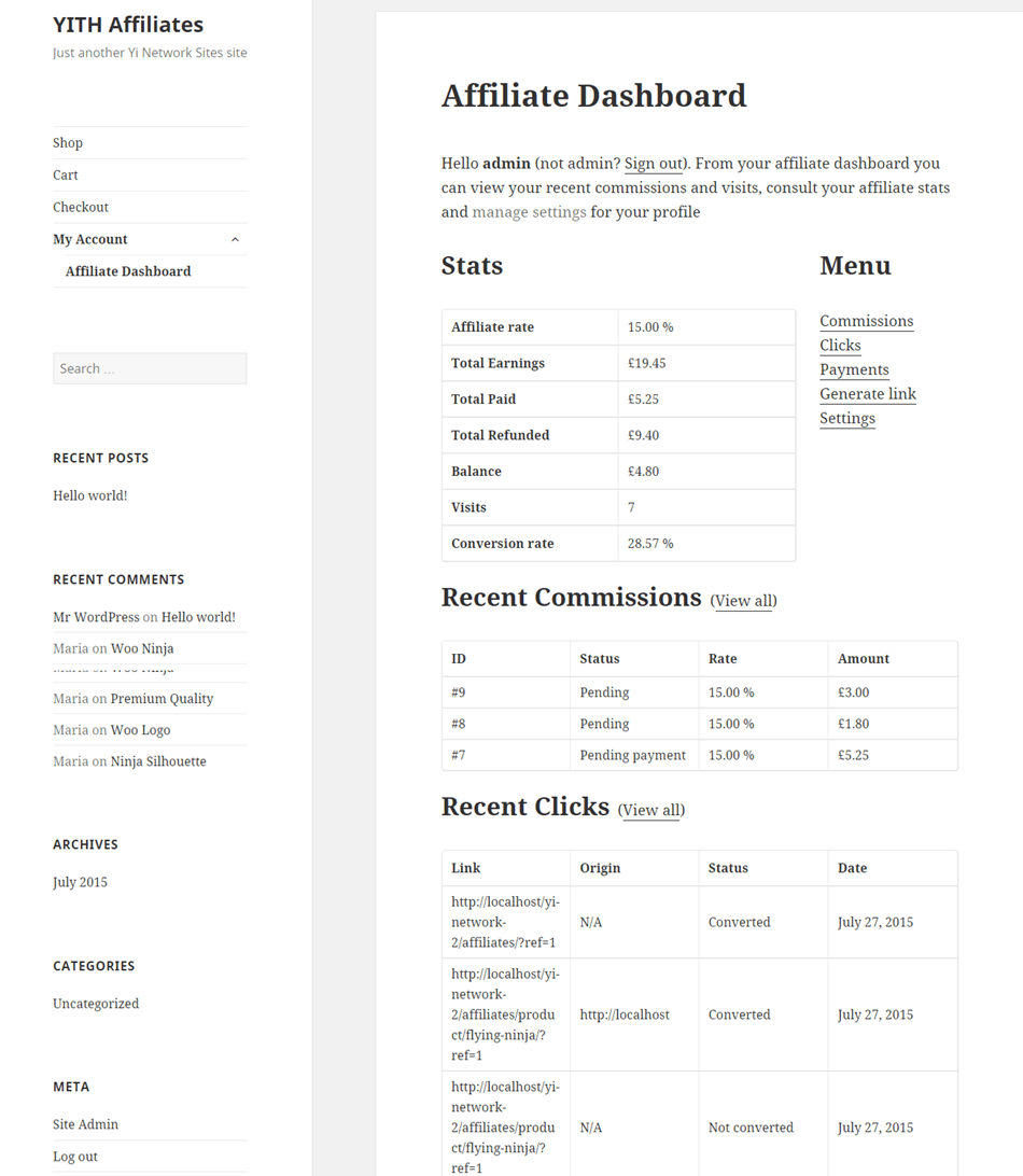 YITH Affiliate Dashboard