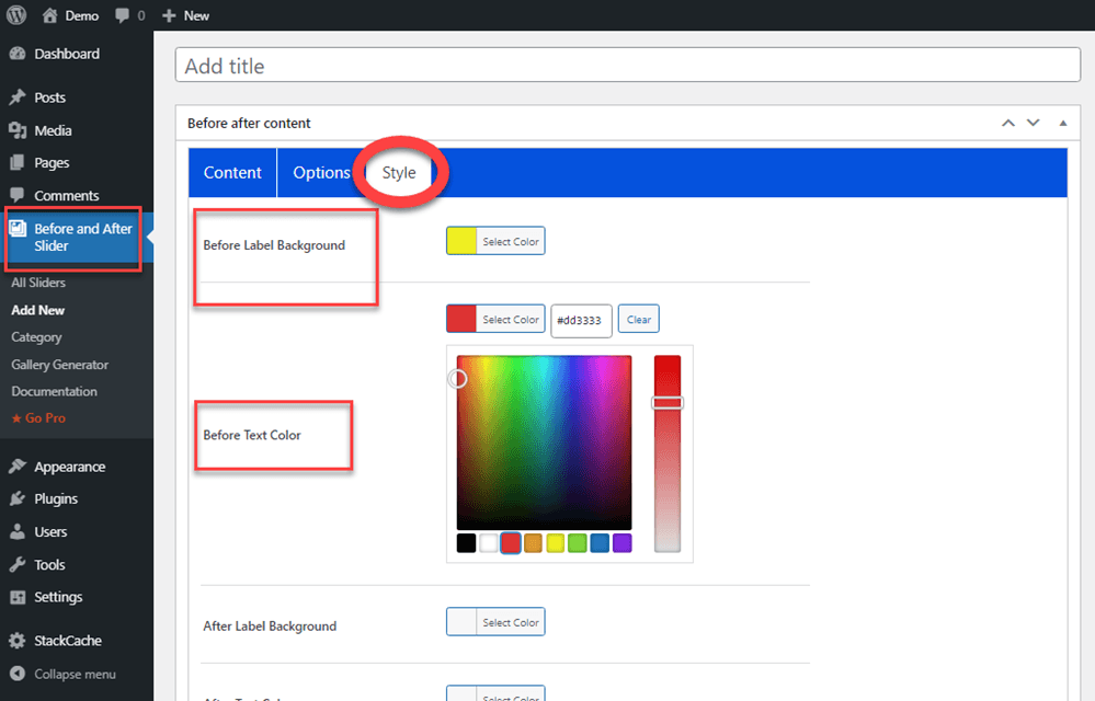 Before After image slider content style setting