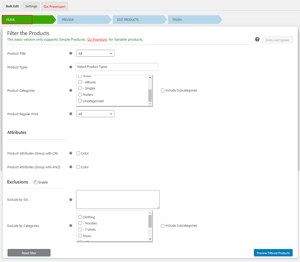 Filter Products For Bulk Editing Setting