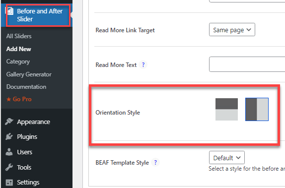 choose horizontal or vertical orientation of image comparion slider