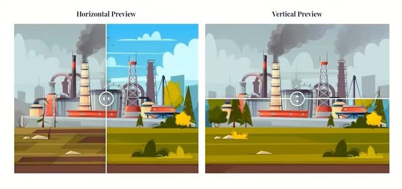 horizontal or vertical orientation of image comparison slider preview