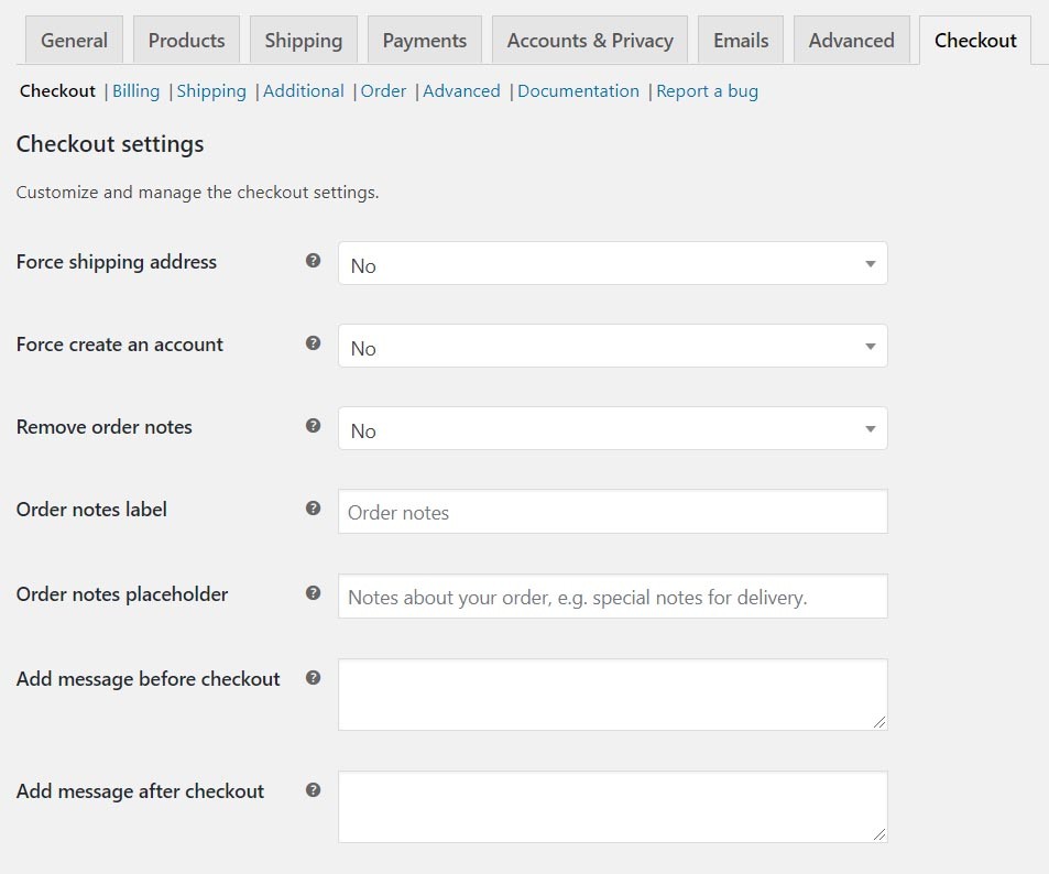 Customize shipping fields, create account, order notes and include custom message in checkout page.