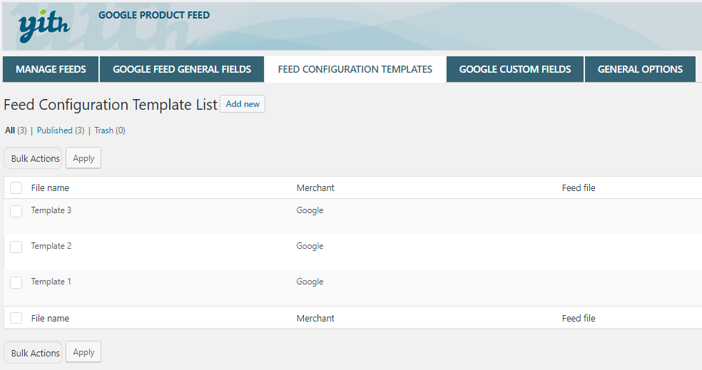 Feed configuration template list Screenshot