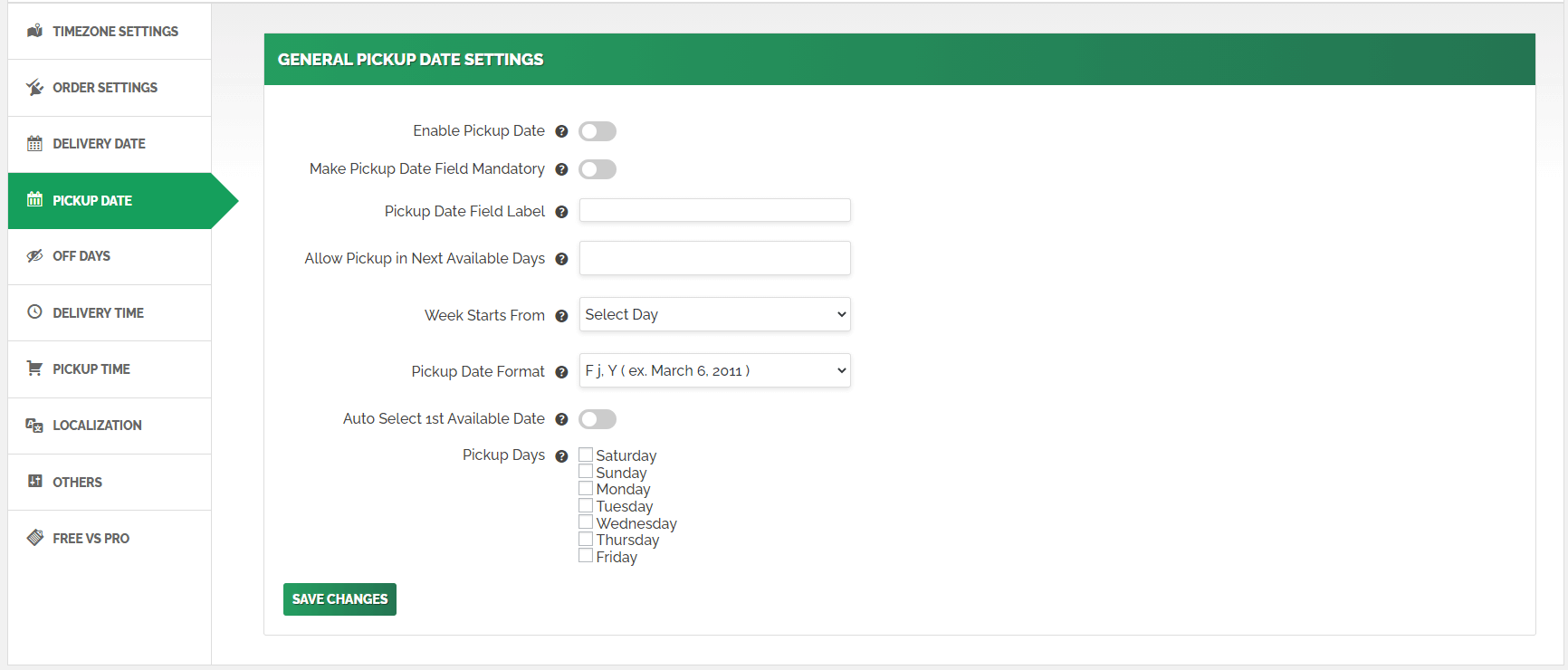 General Pickup Date setting