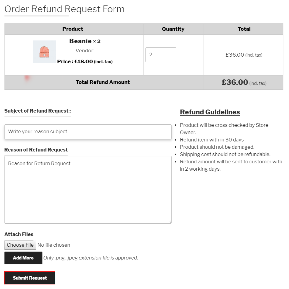 Order refund Request Form