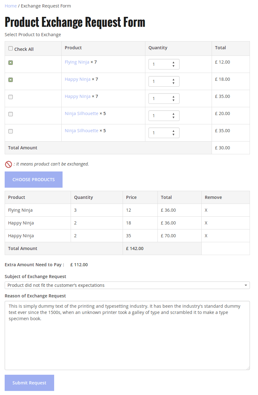 Product Exchange reqouest Form For WooCommerce