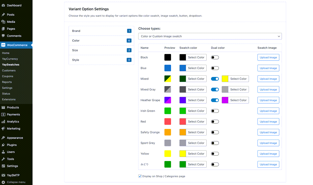 YaySwatches Variant Option Setting Dashboard