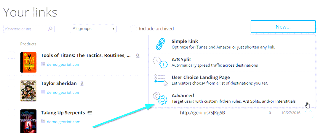 Geniuslink Dashboard Links Advanced setting