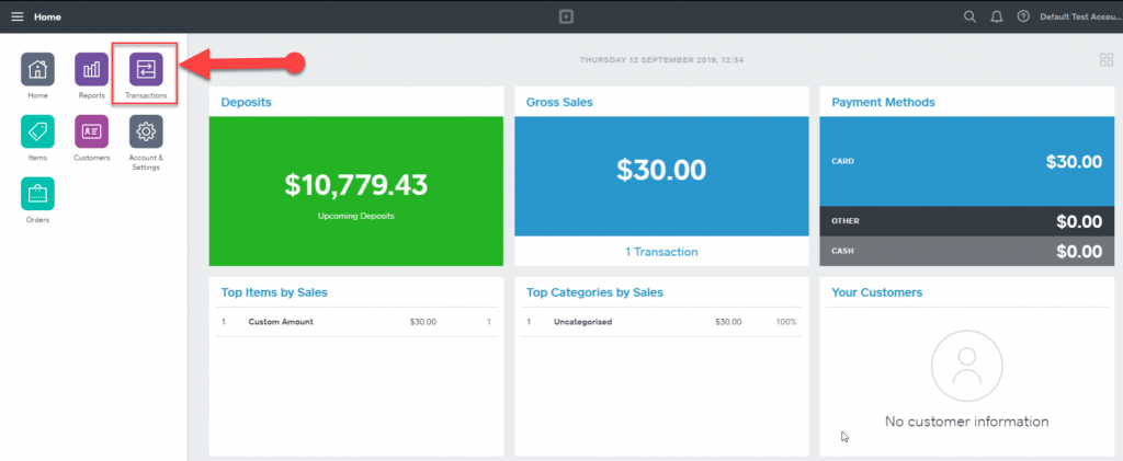 Square Up sandbox transaction appearing in Square Dashboard