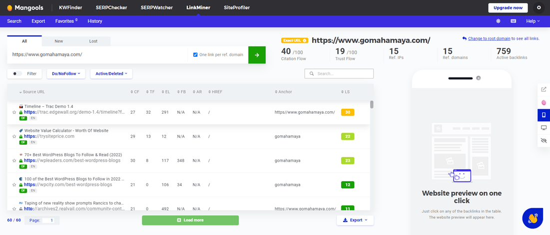 Mangools Link Miner Screenshot