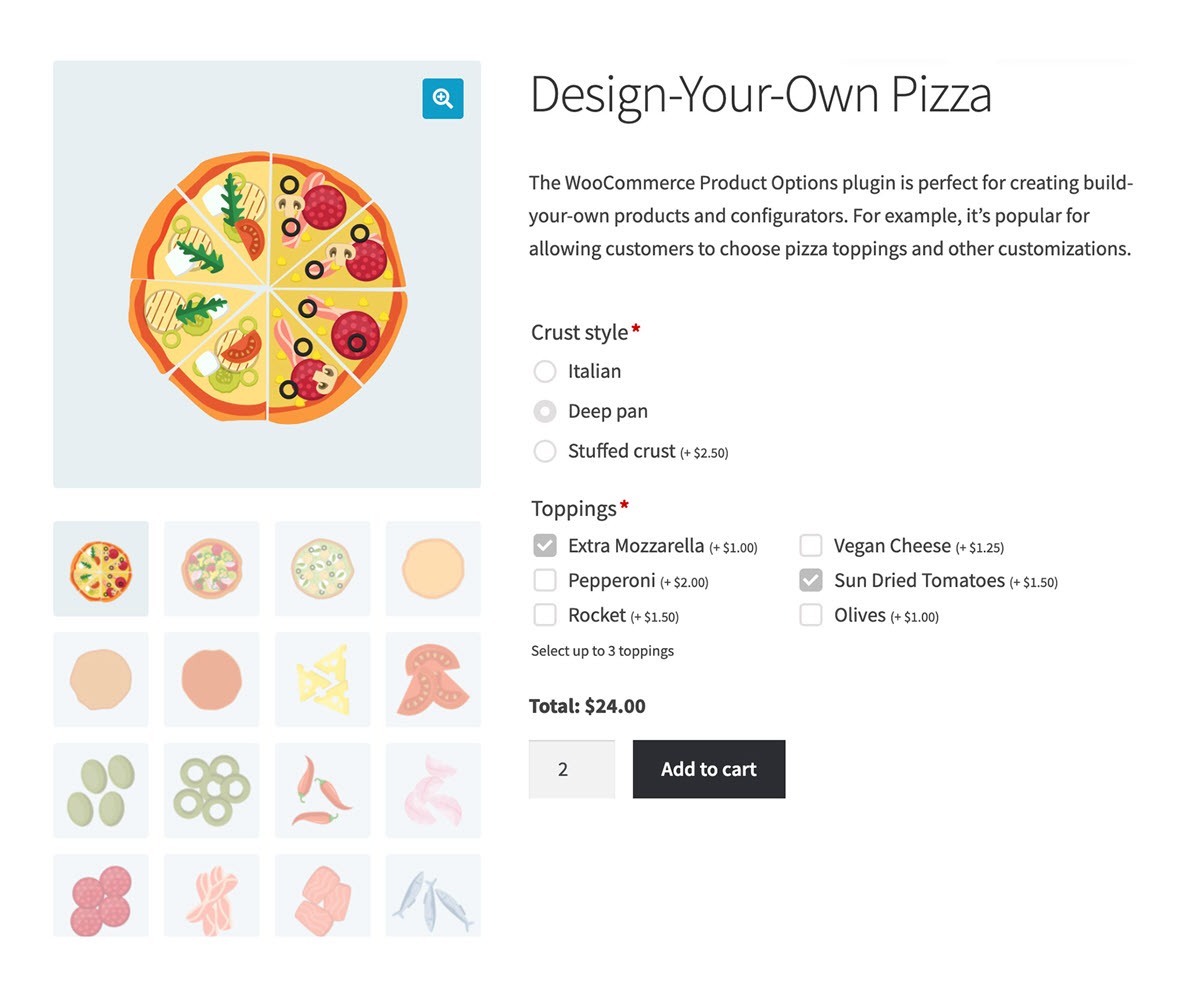 WooCommerce Product Options screenshot Pizza configurator checkboxes radio buttons