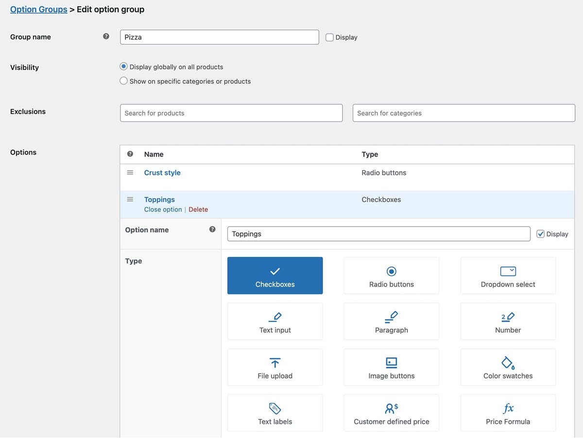 WooCommerce Product Options screenshot add on type display