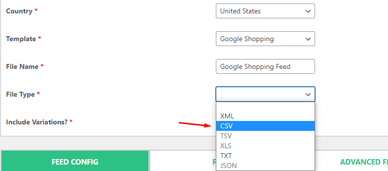 woocommerce export product feed file type